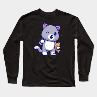 Cute Cat Holding Fish With Thumb Up Cartoon Long Sleeve T-Shirt